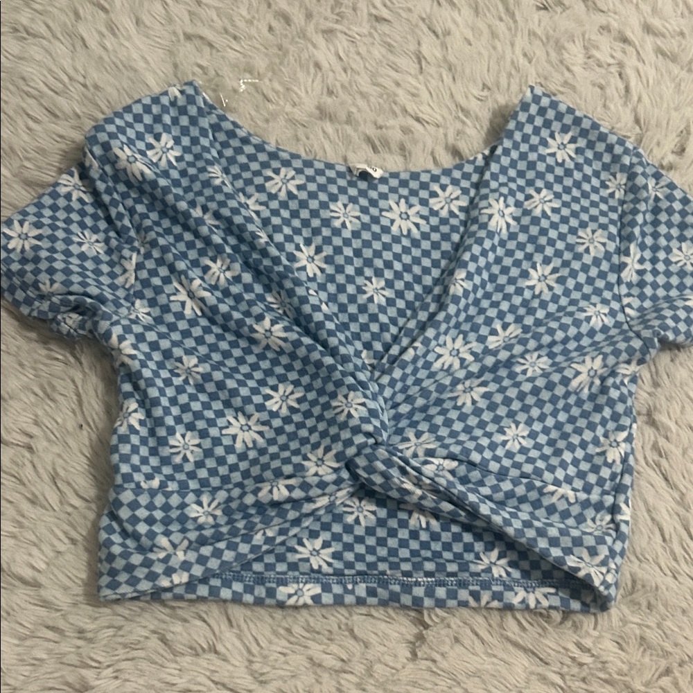 Blue Checkered Floral Women's Top